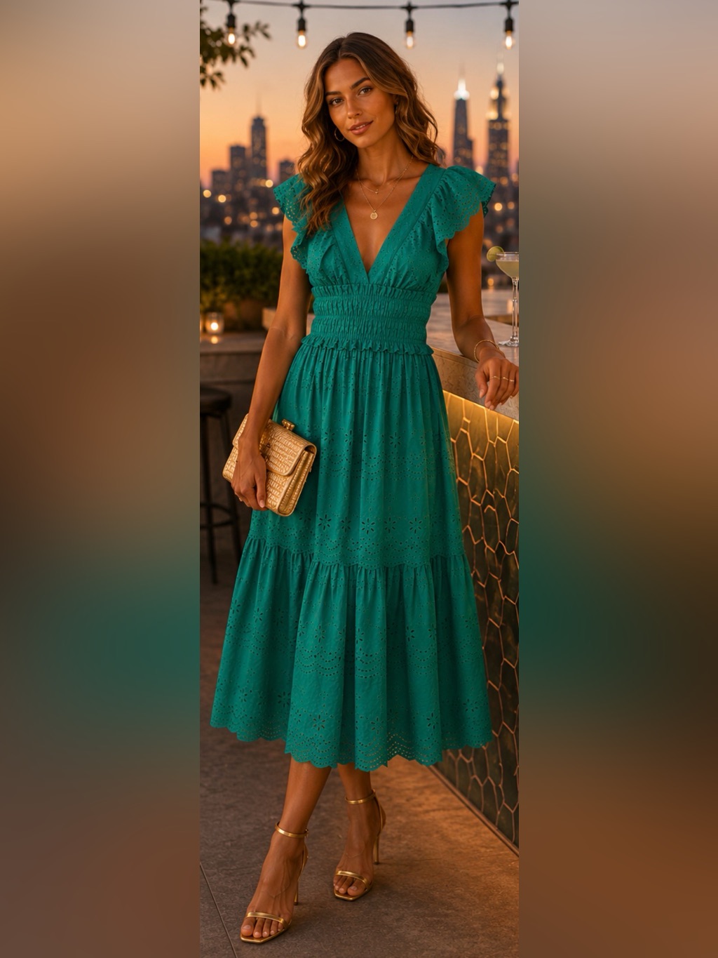 New Celina Moon Nadia Green Eyelet Midi Dress Smocked Waist Tie Back Small